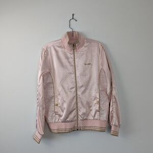 Rapida Women's Pink Satin Bomber Jacket with Stripe Detail - M